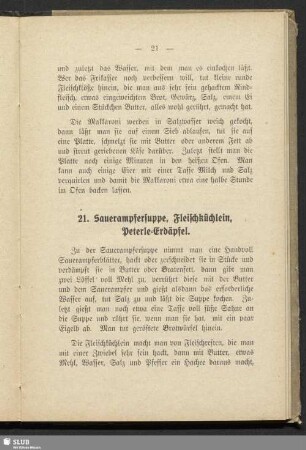 21. Sauerampfersuppe, Fleischküchlein, Peterle-Erdäpfel
