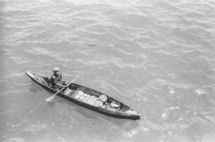 Fischer im Hafen von Aden : Mann im Paddelboot mit Muscheln beladen