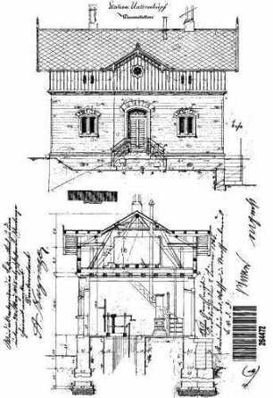 Unterschüpf: Nebengebäude Wasserstation Längsschnitt (mit FU),Längsansicht