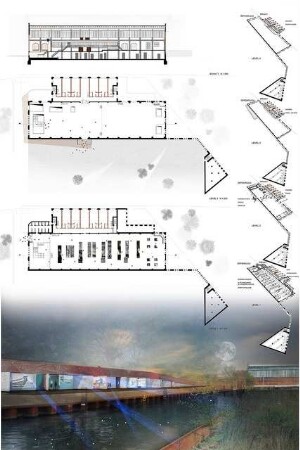 Neuland Lichtenberg Schinkelwettbewerb 2015: Schnitt und Grundrisse 1:200, perspektivische Ansicht