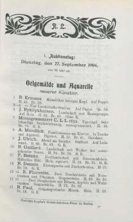 I. Auktionstag: Dienstag, den 27. September 1904, von 10 Uhr ab