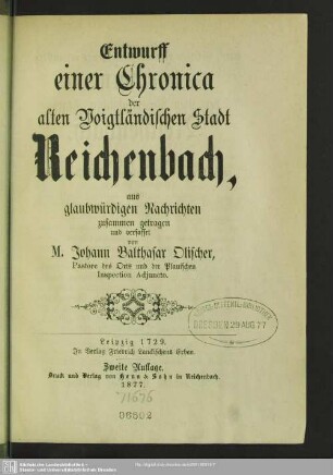 Entwurff einer Chronica der alten Voigtländischen Stadt Reichenbach