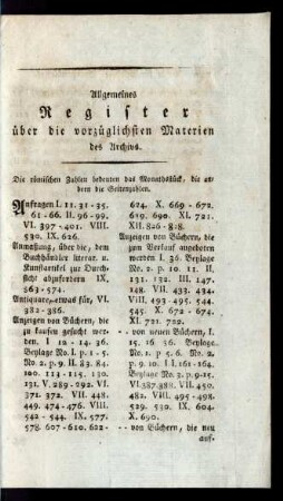 Allgemeines Register über die vorzüglichsten Materien des Archivs