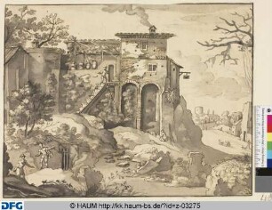 Stadt in den Bergen mit Gebäude und Wanderern am Fluss im Vordergrund