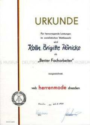 Urkunde zur Auszeichnung "Bester Facharbeiter"
