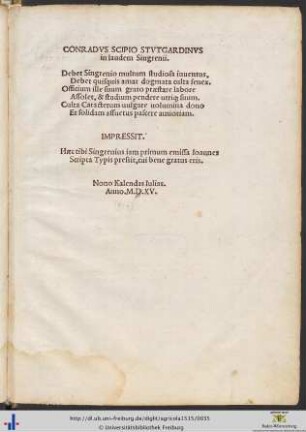 Conradus Scipio Stutgardinus in laudem Singrenii