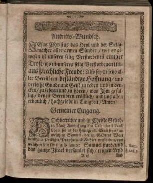 Antritts-Wunsch; Gemeiner Eingang; Abhandelung des ersten Theils.