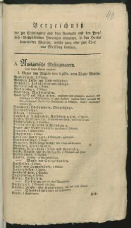 Verzeichniß der zur Einbringung aus dem Auslande und den Preussisch-Westphälischen Provinzen erlaubten, in den Handel kommenden Waaren, welche ganz oder zum Theil aus Messing bestehen : [Berlin, den 10ten Oktober 1796]