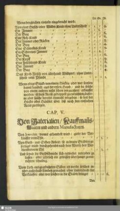 Cap. V. Von Materialien, Kaufman[n]s-Waaren und andern Manufacturen