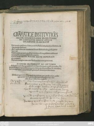 GRÃMATICAE INSTITVTIÕES || IACOBI HENRICHMANNI SINDELFINGEN||SIS CASTIGATAE DENVO ATQVE || DILIGENTER ELABORATAE|| ... || Ars condendorum carminum Henrici Bebelij Iustingensis poetae || laureati.|| Syllabarum quantitates, Racemationes & exquisitiores obseruati||ones eiusdem Bebelii.|| ... ||