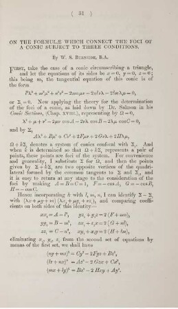 On the formulae which connect the foci of a conic subject to three conditions.