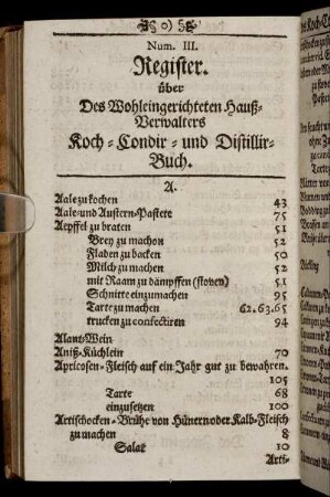 Num. III. Register. über Des Wohleingerichteten Hauß-Verwalters Koch-Condir- und Distillir-Buch.