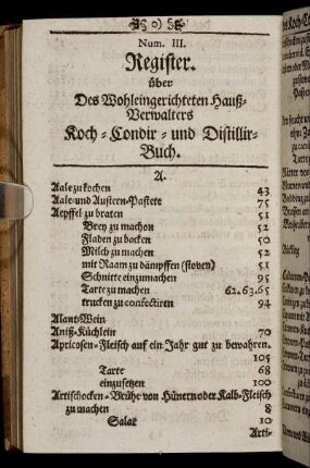 Num. III. Register. über Des Wohleingerichteten Hauß-Verwalters Koch-Condir- und Distillir-Buch.