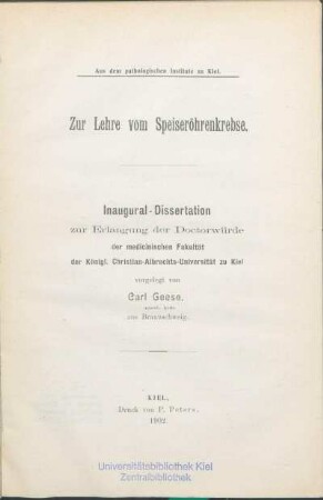 Zur Lehre vom Speiseröhrenkrebse