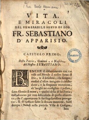 Vita, e miracoli del venerabile Servo di Dio Fr. Sebastiano d'Apparisio