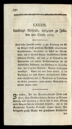 LXXXIX. Landtags-Abschied, vollzogen zu Zelle, den 8ten Octob. 1663.