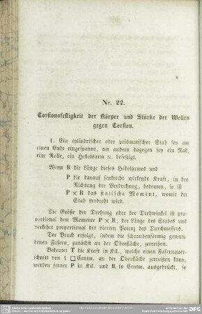 Nr. 22. Torsionsfestigkeit der Körper und Stärke der Wellen gegen Torsion