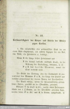 Nr. 22. Torsionsfestigkeit der Körper und Stärke der Wellen gegen Torsion