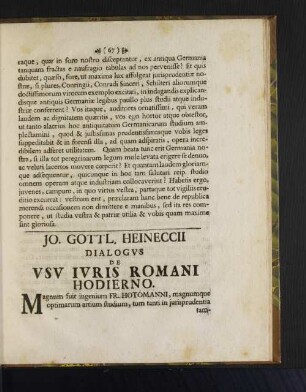 Jo. Gottl. Heineccii Dialogvs De Vsv Ivris Romani Hodierno.