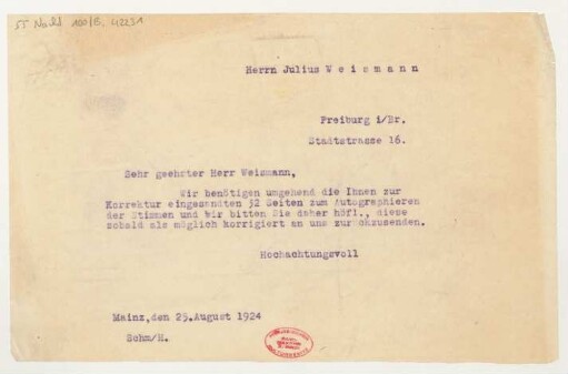 Brief an Julius Weismann : 25.08.1924