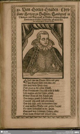 39. Von Gottes Gnaden, Christian, Hertzog zu Sachsen, Landgraff in Düringen, und Marggraff zu Meissen, Hertzog Christian Churfürsten zu Sachsen, Hochlöblicher gedechtnis, Erb und nachgelassener Eltester Sohn