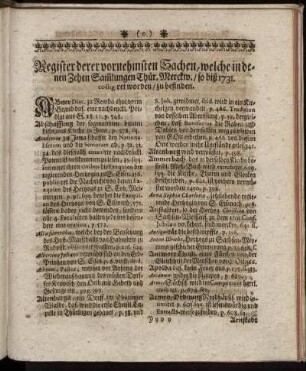Register derer vornehmsten Sachen, welche in denen Zehen Sam[m]lumgen Thür. Merckw./ so biß 1731. colligiret worden/ zu befinden.