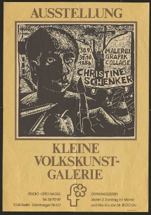 Ausstellungswerbung: "Christine Schenker. Malerei. Grafik. Collage" von 30.09. bis 31.10.1986