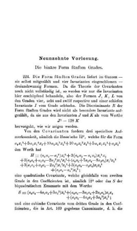 Neunzehnte Vorlesung. Die binäre Form fünften Grades.