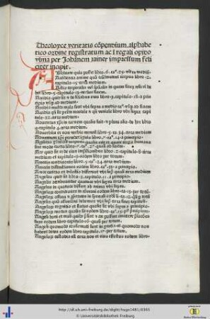 Theoloyce veritatis compendium alphabetico ordine registratum ac in regali opido ulmi per Johannem zainer impressum feliciter incipit.