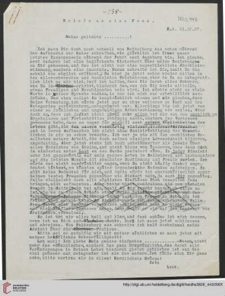 Heid. Hs. 3820,443: Brief von Emil Lask an unbekannte Frau