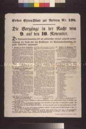 Maueranschlag: Die Vorgänge in der Nacht vom 9. auf den 10. November. Extrablatt der Reform;
