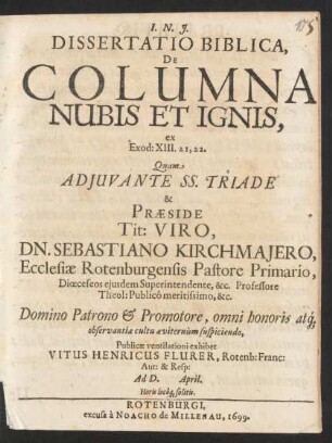 Dissertatio Biblica, De Columna Nubis Et Ignis, ex Exod: XIII. 21, 22.