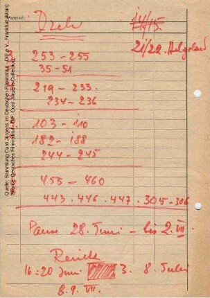 Notizzettel, handschriftlich von Curd Jürgens