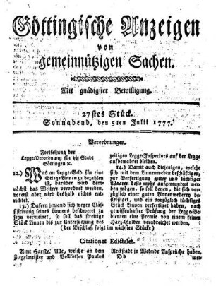 27stes Stück. Sonnabend, den 5ten Julii 1777.