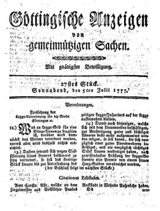 27stes Stück. Sonnabend, den 5ten Julii 1777.