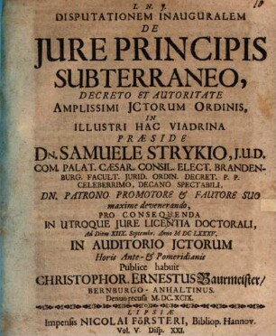 Disputationem Inauguralem De Jure Principis Subterraneo
