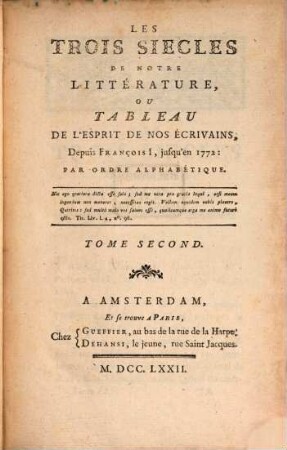Les trois siècles de notre littérature, 2. (1772)