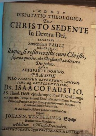 Disp. theol. de Christo sedente in dextra Dei : explicans sententiam Pauli, Coloss. III, 1