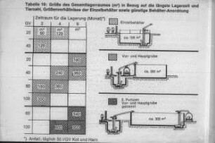 Größe des Gesamtlagerraumes (m3) in Bezug auf die länste Lagerzeit und Tierzahl, Größenverhältnisse der Einzelbehälter sowie günstige Behälteranordnung