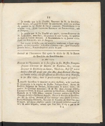 Intitulé de l'Inventaire fait après le décès de M. le Baron de Boecklin de Boecklins-Au. 30 Mai 1763.