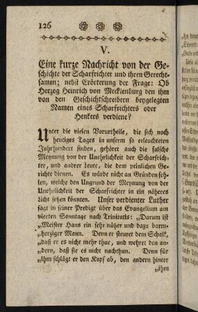 126-147, V. Eine kurze Nachricht von der Geschichte der Scharfrichter, [...].