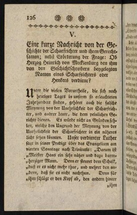 126-147, V. Eine kurze Nachricht von der Geschichte der Scharfrichter, [...].