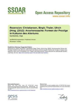 Rezension: Christiansen, Birgit; Thaler, Ulrich (Hrsg. (2012): Ansehenssache: Formen der Prestige in Kulturen des Altertums