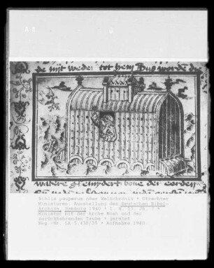 Biblia pauperum / Weltchronik — Miniatur mit der Arche Noah und der zurückkehrenden Taube