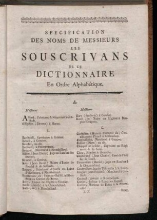 Specification Des Noms De Messieurs Les Souscrivans De Ce Dictionnaire En Ordre Alphabétique.