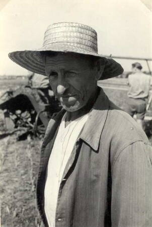 Landarbeiter in Kreckwitz : Land- und Viehwirtschaft - Ernte. Ort: Krakecy / Kreckwitz. Erntearbeiter - Produktionsgenossenschaftler im Strohhut