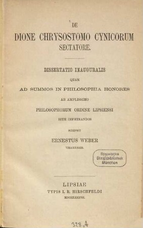 De Dione Chrysostomo Cynicorum sectatore : Diss. inaug.