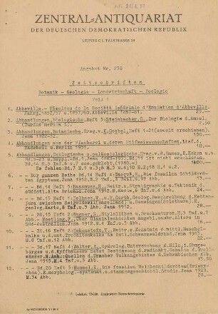 Nr. 238: Zeitschriften Teil 1: Botanik, Geologie, Landwirtschaft, Zoologie