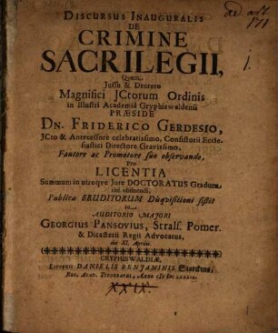 Discursus inaug. de crimine sacrilegii
