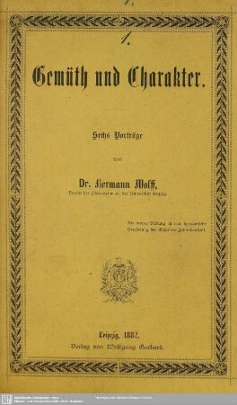 Gemüth und Charakter : sechs Vorträge